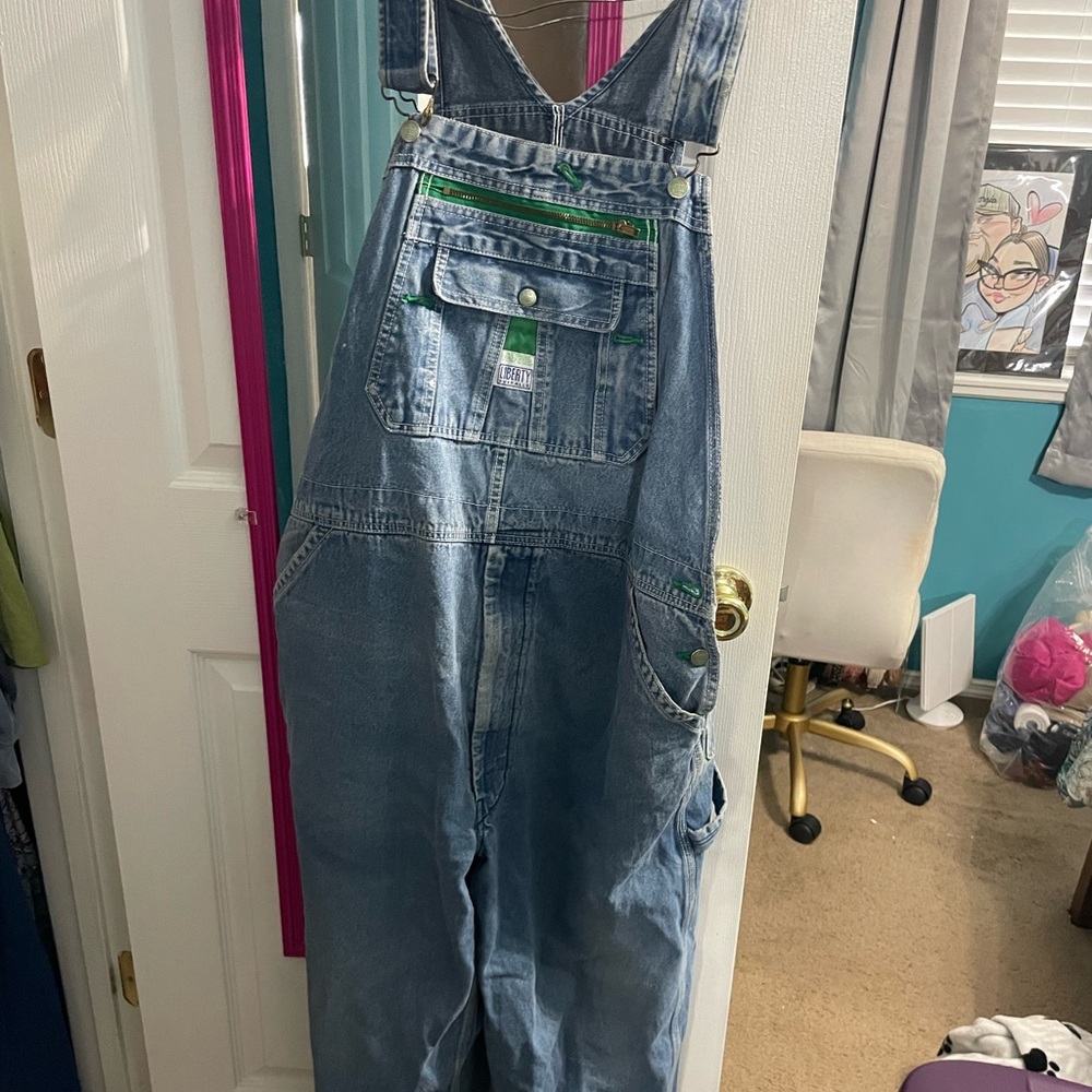 Blue Denim Overalls with Green Accents